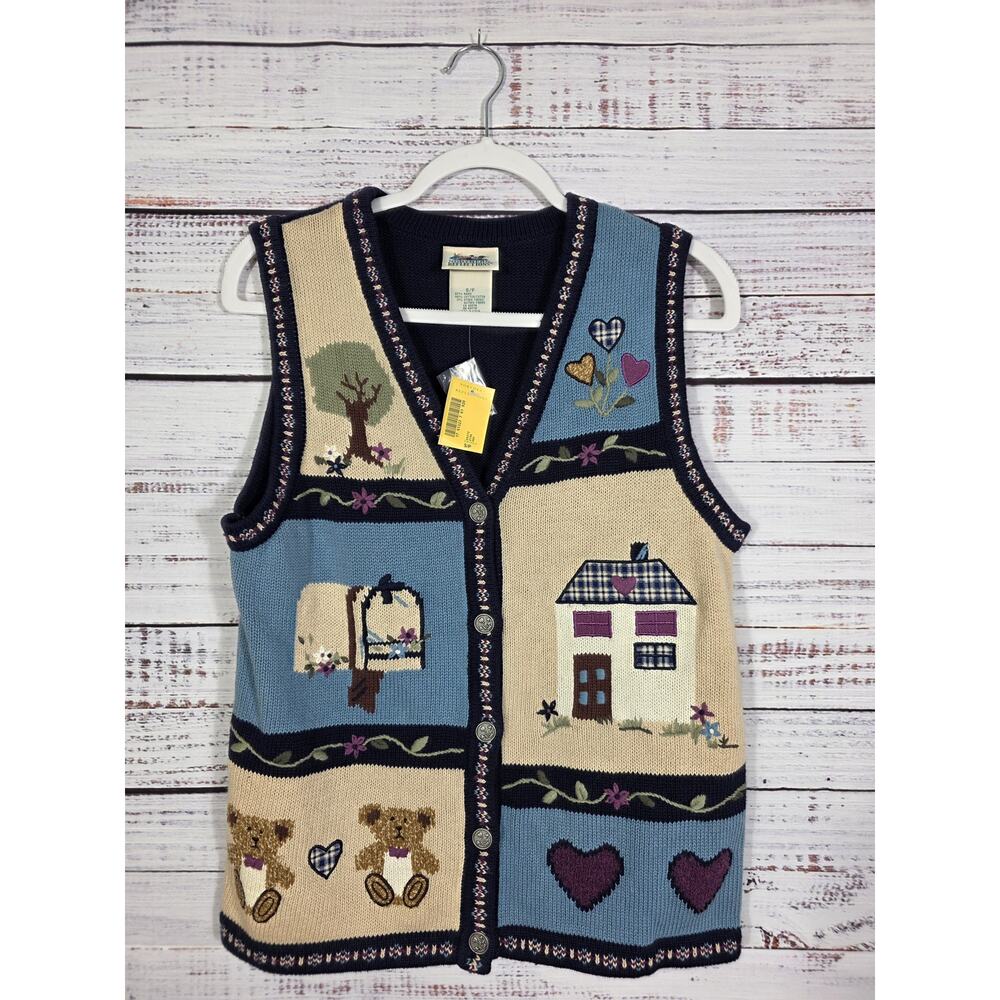 VTG Inspirations Patchwork Knit Sweater Small Vest Cottagecore HouseTeddy Heart